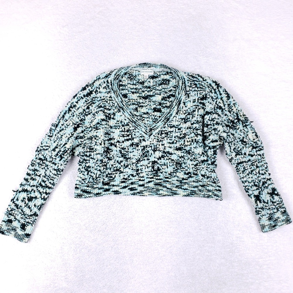 Earthbound Trading Co Sweater Womens‎ L Cropped V Neck Chenille Marled Teal Boho